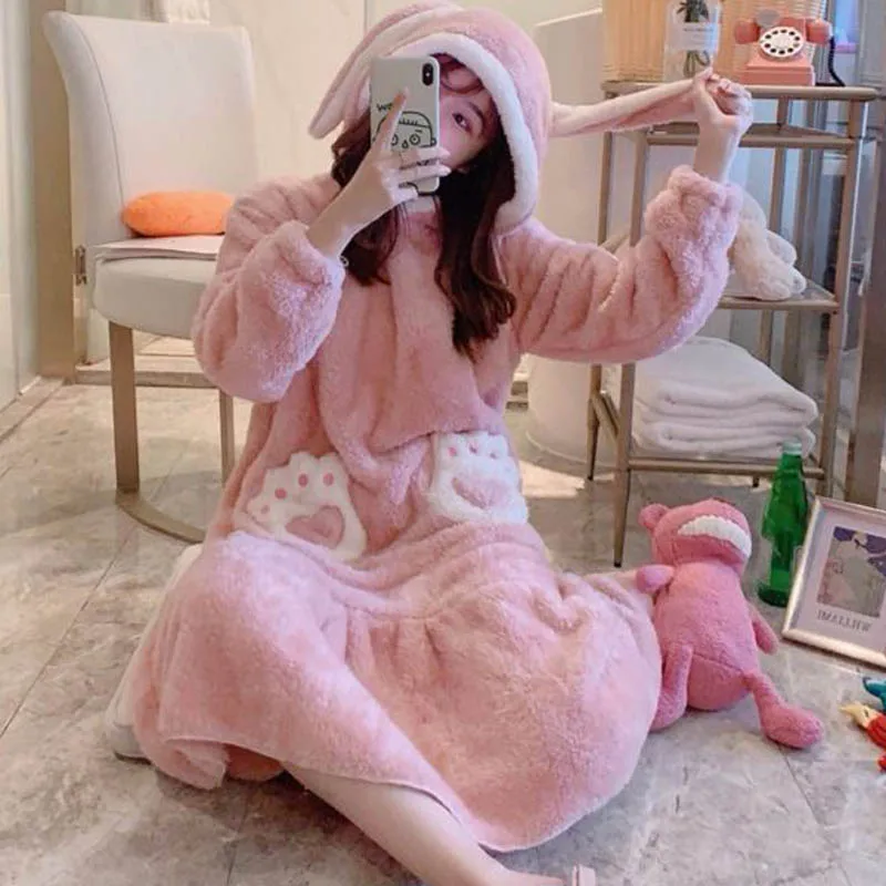 Женская ночная рубашка с милым животным мультяшная Ночная сорочка теплая зимняя