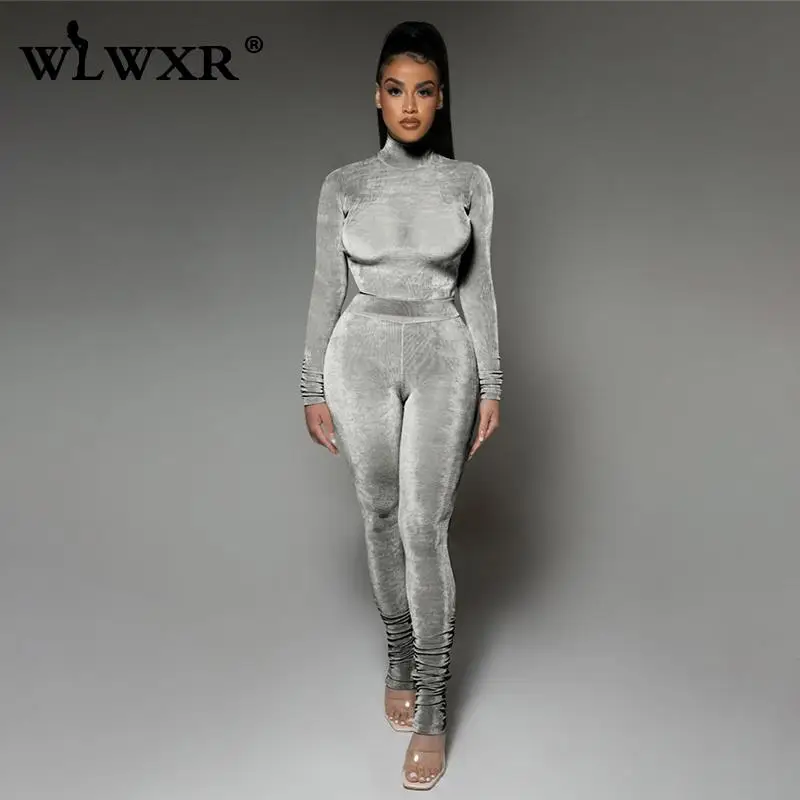 

WLWXR осенний Черный Бархатный комплект из 2 предметов, спортивный костюм, женский костюм с длинным рукавом, топ и длинные брюки, костюмы, спорт...