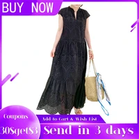 2021 summer dress pleated hollow patchwork short sleeve black a line loose casual new style solid color woman dresses vestidos