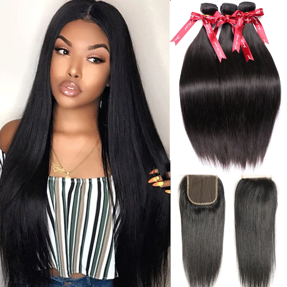 

long straight bundles Brazilian Hair Extensions Remy Nature Color with closure 4x4 lace Thick soft human hair for black women