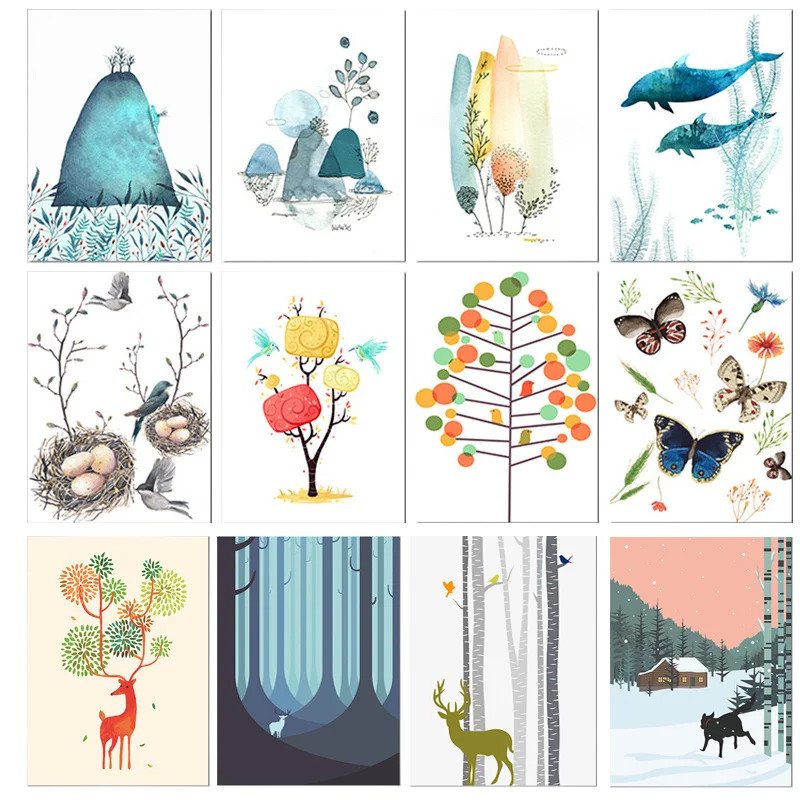 Красочные абстрактные животные Кит Рыба Бабочка синяя Гора перо олень лес