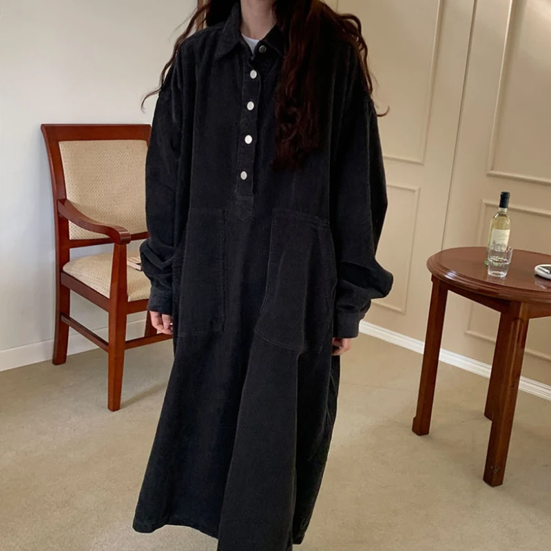 womens autumn corduroy casual shirt dress long sleeve loose oversized elegant midi vestidos femme fashion outerwear warm robe free global shipping