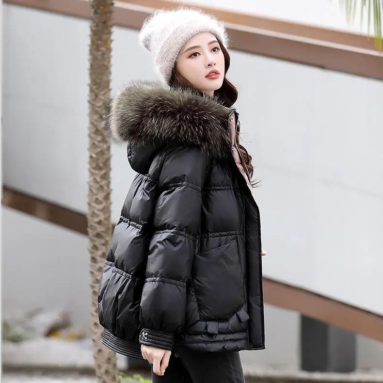 

2022 Winter Women's Fashion White Duck Down Jackets Female Fox Fur Collar Hooded Outwear Ladies Solid Thicken Warm Coats Q939