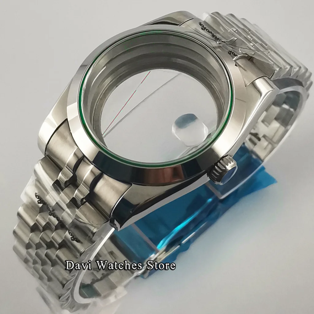 

36mm 40mm Silver Watch Case With Strap Green Glass Gasket Sapphire Fit NH35 NH36 ETA 2836 Miyota 8215 821A DG 2813 3804 Movement