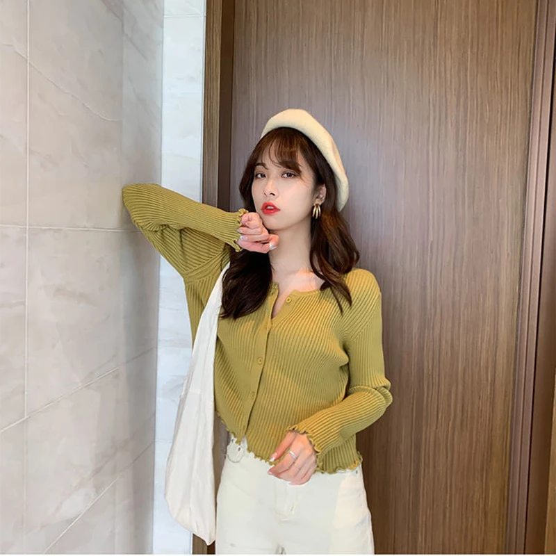 

Korean Style Solid Long Sleeve Short Cardigan Women Fashion O-Neck Elastic Slim Knitted Tops Cute Basic Button Skinny Top