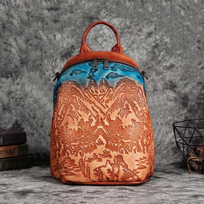 

Женский рюкзак из натуральной кожи, с тиснением в виде пейзажа