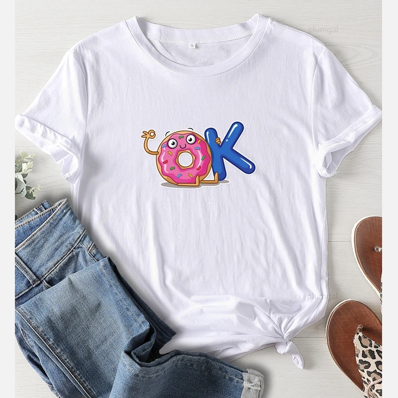 Фото Женская футболка с принтом еда Милая пончики ОК коротким рукавом эстетическая