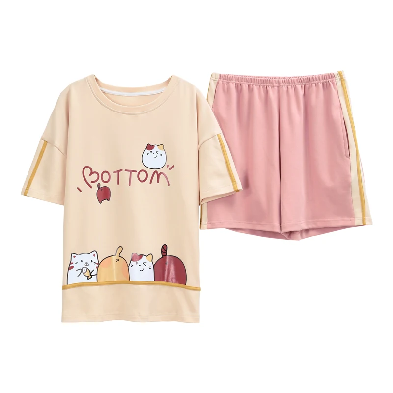 

Pink Women's Pajamas Set Cute Cat Pattern Sleepwear Round Neck Nightwear Fashion Short Pijama Pyjama Cartoon 2PCS Underwear