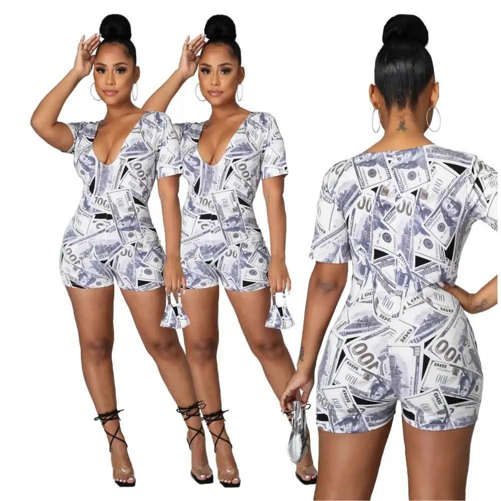 

2021 Summer Deep V Neck Short Sleeve Skinny Jumpsuits Dollar Bill Money Print Pattern Shorts Bodycon One Piece Overall Playsuits