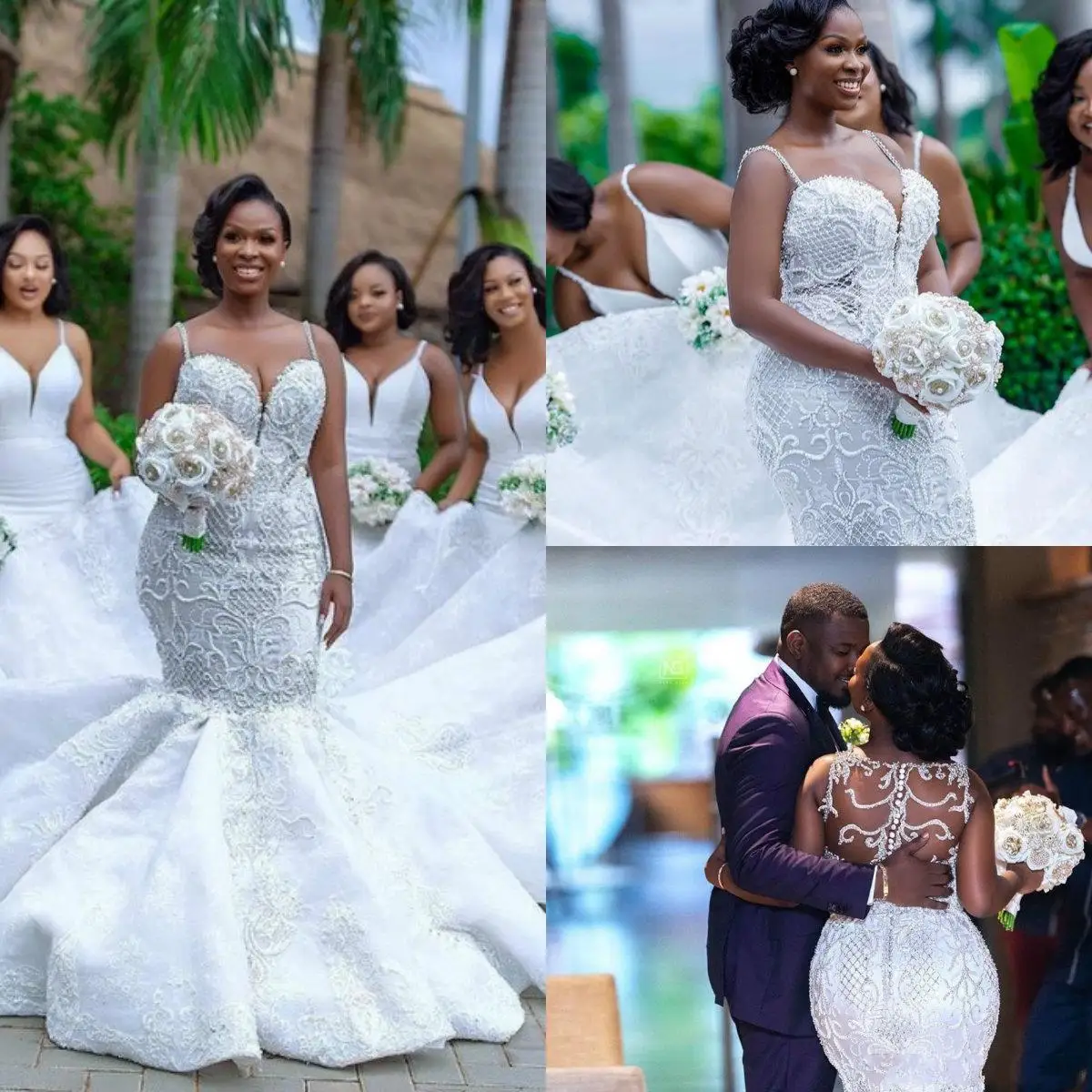 

Plus Size African Mermaid Wedding Dresses Spaghetti Lace Appliqued Pearls Beads Country Wedding Dress Custom Made Beach Bridal