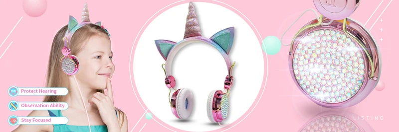 Funny Kids Headset Colorful Diamond Unicorn Headphones Music Stereo Wired Earphones With Gifts Box Christmas Brithday Gifts