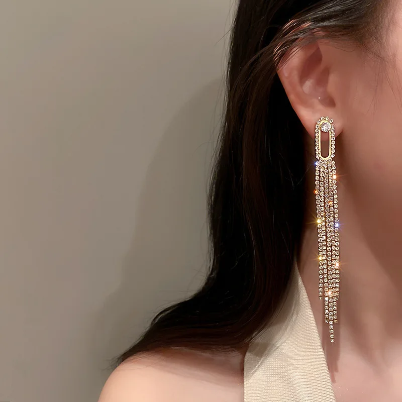 

New Luxury Full Crystal Tassel Long Chain Pendant Drop Earrings For Women Girls Wedding Party Jewelry Fashion Dangle Earring