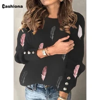 plus size 4xl 5xl boho long sleeve feather print womens top casual pullovers loose tees 2021 new autumn knitting t shirts femme