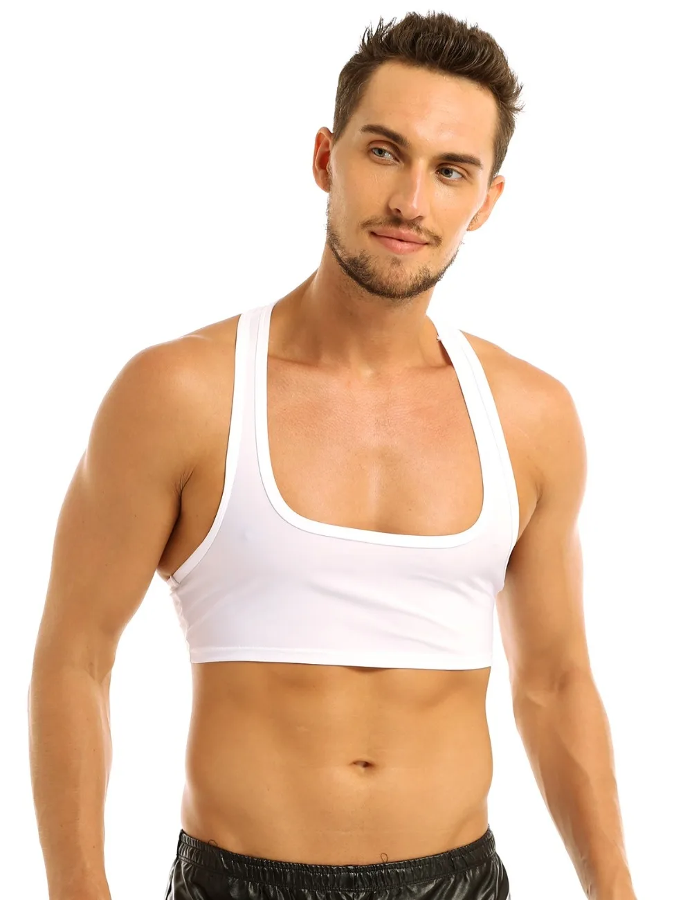 Мужская экзотическая майка без рукавов Y Back Muscle Half Tank top, майка, футболки, Клубная одежда, сценический костюм, сексуальное нижнее белье, топы