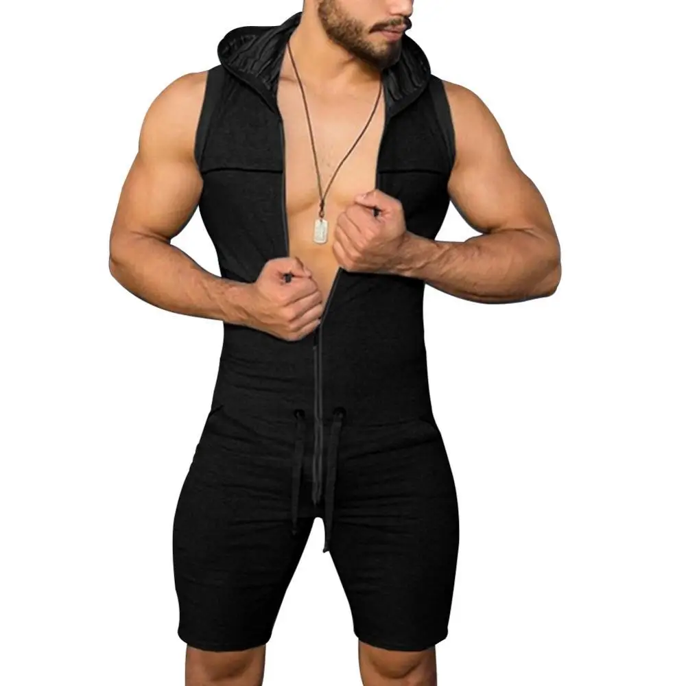 

Men Casual Solid Color Sleeveless Jumpsuit Pockets Short Pants Hooded Romper