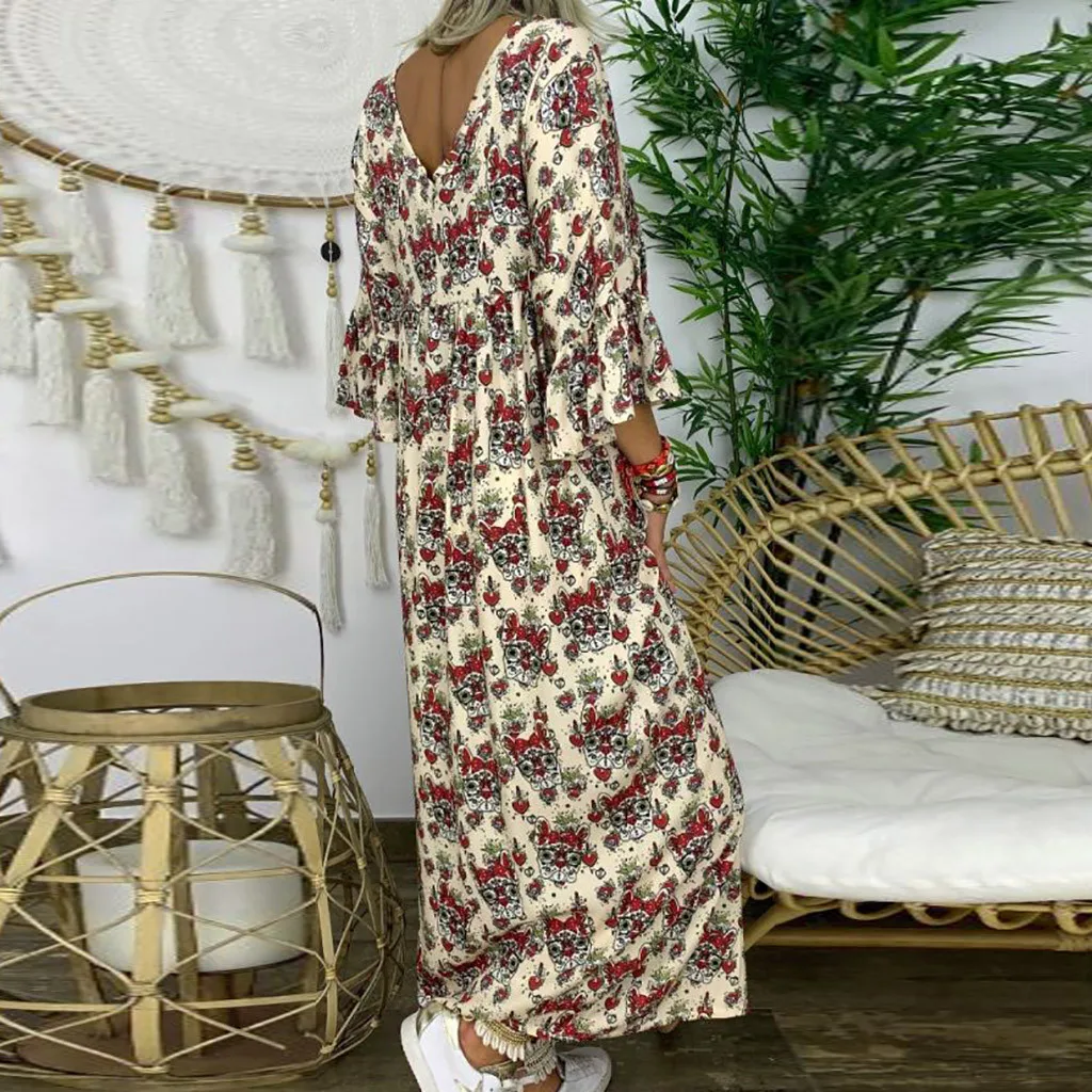 Женское платье с принтом в стиле бохо Осеннее Свободное v-образным вырезом