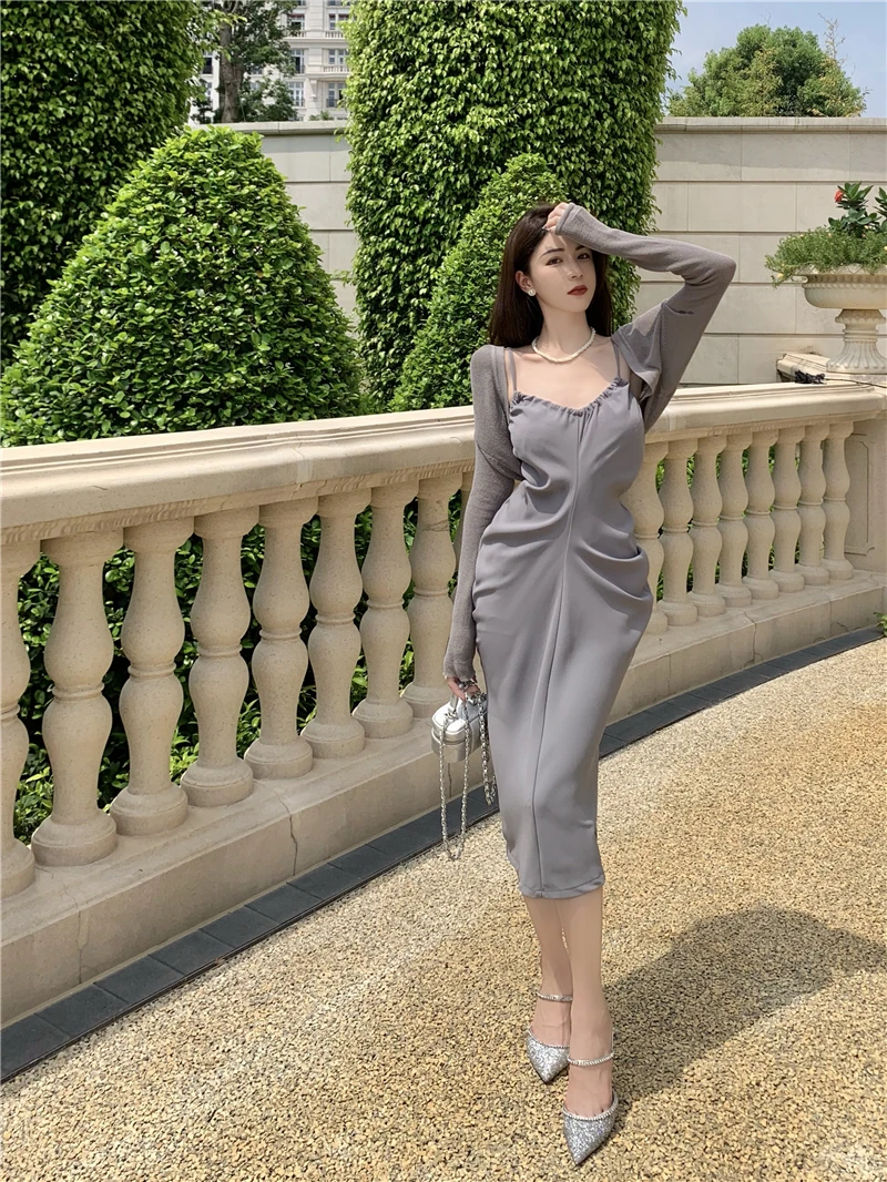 

to film a fairy tea French design feeling small hang long neck dress + pure color joker is prevented bask in sweater