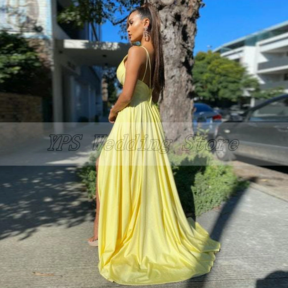 

Elegant Yellow Front Side Sweep Train Evening Dress 2021 Sexy Deep V-Neck Sleeveless Backless Special Occasion Gowns