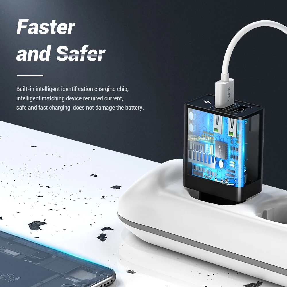 Адаптер питания TOPK B254Q с 2 USB портами и поддержкой быстрой зарядки 3.0 27 Вт|Зарядные