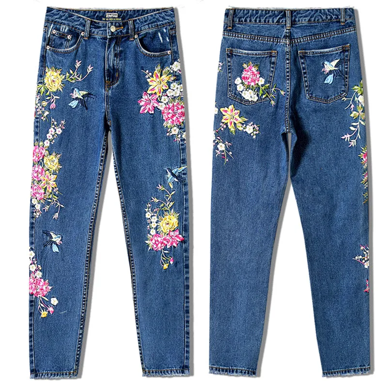 Jeans Women's Fashion Bird Flower Embroidery High-Waist Slim-Fit Straight-leg Jeans Dark Blue Denim Trousers For Mom Size S-3XL