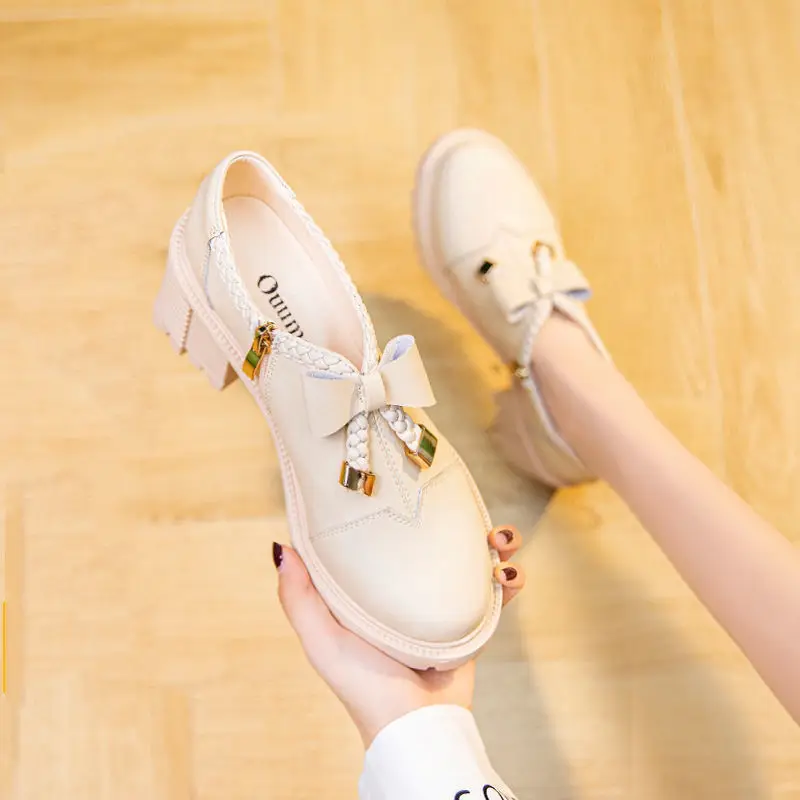 

Женские туфли, новинка 2021, женские универсальные модные туфли на толстом высоком каблуке, нежные маленькие кожаные туфли с бантом для женщи...