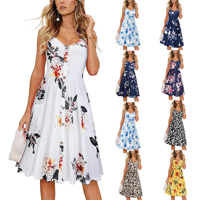 

Платье-трапеция женское с цветочным/леопардовым принтом, повседневное облегающее платье на бретелях-спагетти, с V-образным вырезом, с карма...