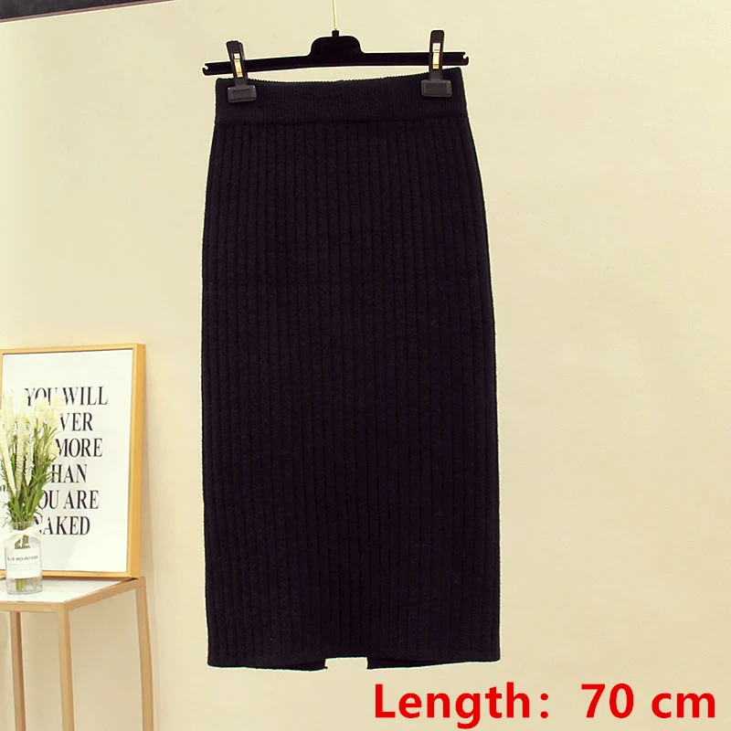 black-length 70cm 60-70 см эластичные женские юбки осень зима теплая трикотажная прямая юбка ребристая юбка средней длины черная - Цвет: black-length 70cm