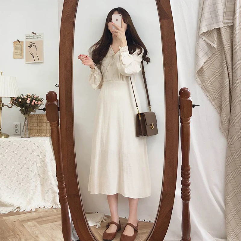 

2019 New Spring Autumn High Waist Dress Patchwork Doll Collar Kawaii Long Sleeve Dress Women Vestido yy222