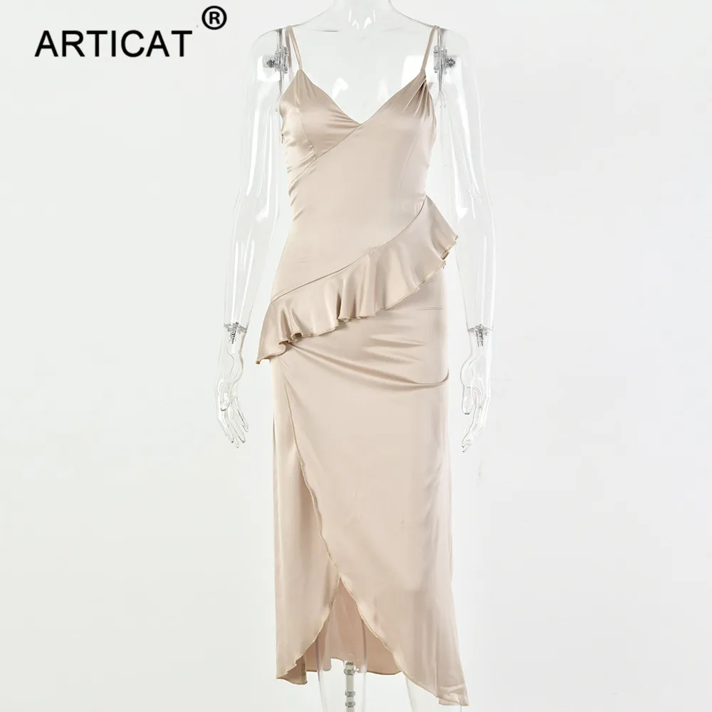 Articat, асимметричное, с оборками, сексуальное, сатиновое платье, женское, элегантное, на тонких бретелях, с разрезом, облегающее, рождественское платье, для девушек, длинное, вечерние, платье