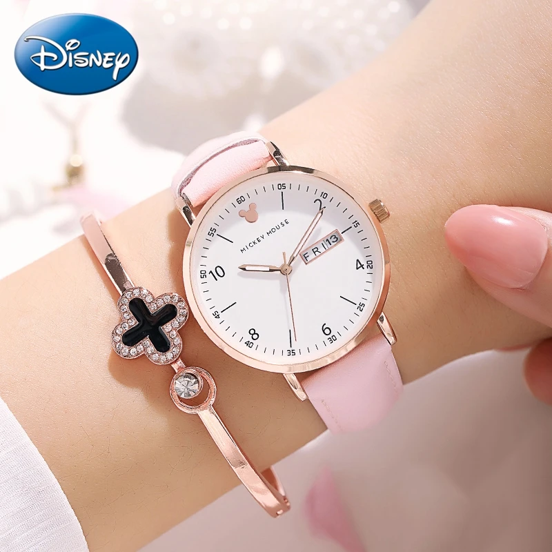 Genuine Disney Fashion Girls Calendar Watches Young Lady Leather Wristwatch Woman Rose Gold Time Student Simple Hour Teen Clocks