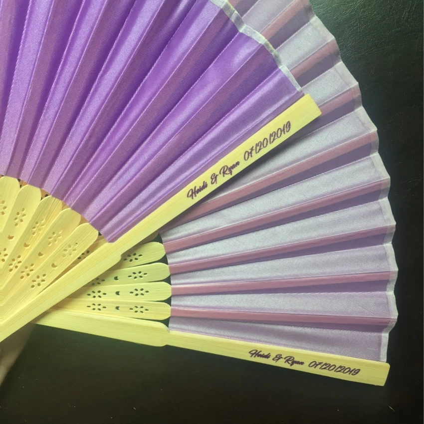 50pcs/lot Personalized Bride& Groom's Name& Date Silk Wedding Folding Hand Fan with Organza Gift Bags / Box Customized Print