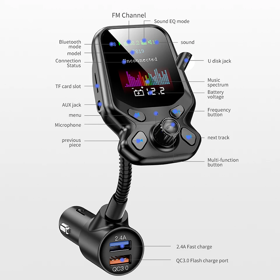 AOSHIKE Bluetooth 5 0 автомобильный комплект гарнитура FM передатчик AUX аудио приемник 1 8