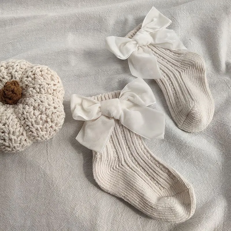 Calcetines tobilleros de algod&oacute;n con lazo grande para ni&ntilde;os, calcetines tobilleros chicas, para el suelo del beb&eacute;, gruesos, c&aacute;lidos, para Oto&ntilde;o e Invierno-5