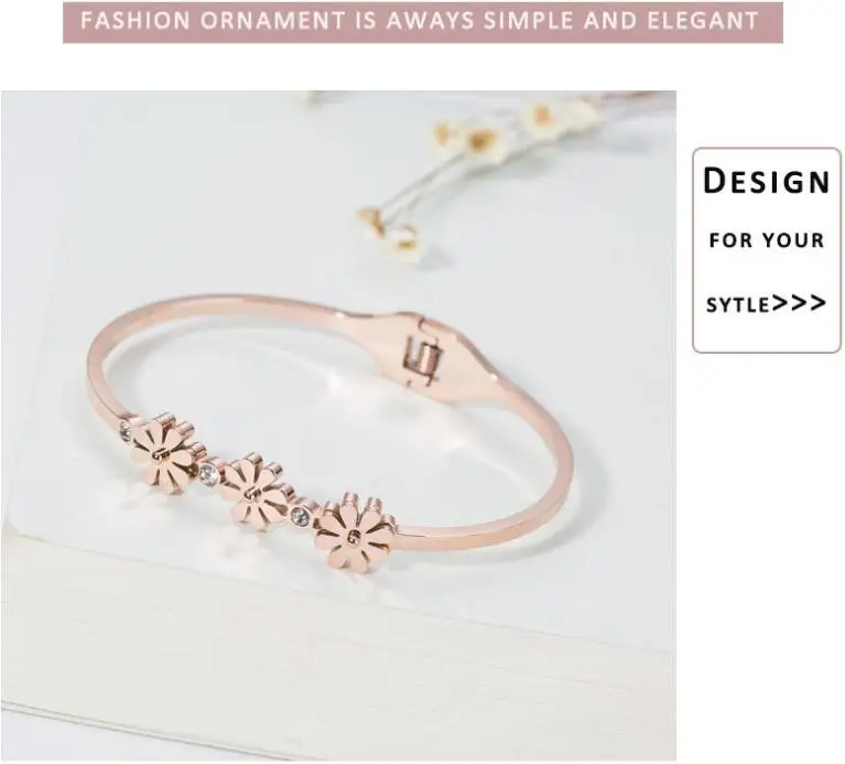 

New flower top titanium steel fine jewelry accessories bangle rose gold bracelet black round roman numerals wristlet jewel