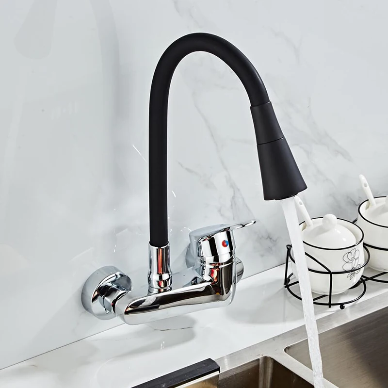 

Wall Mounted Kitchen Faucet Single Handle Kitchen Mixer Taps Dual Holes Hot and Cold Water Tap 360 Degree free Rotation