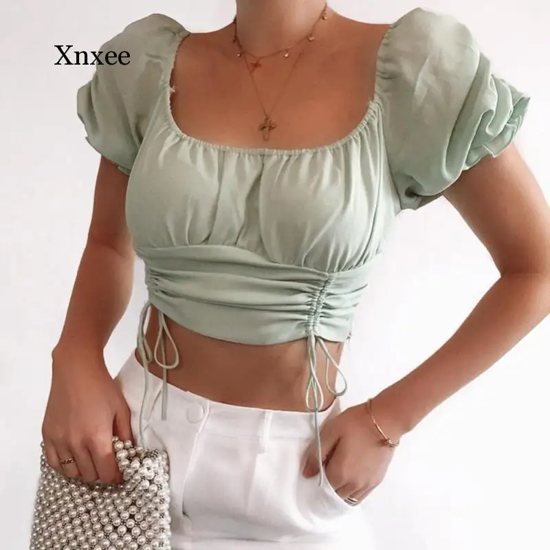 

Women Flare Puff Short Sleeve Blouse Square Collar Vacation Outfit Ruched Strappy Shirt Summer Chiffon Crop Top Clothing