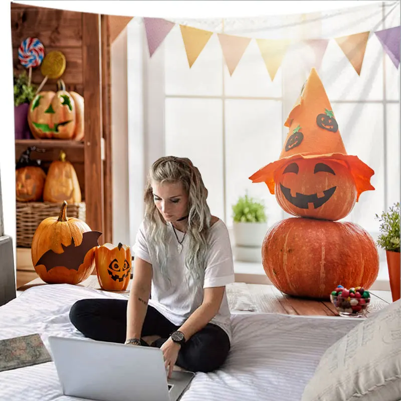 

Halloween Decor Tapestry Wall Hanging Funny Pumpkin Balloon Bat Tapestry Home Decorative Balcony Living Room 73*95 Hippie Tapiz