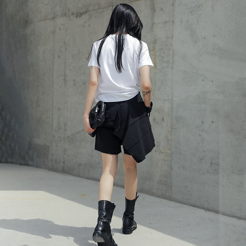 Женские Асимметричные Брюки [EAM] черные свободные брюки сложного кроя с высокой