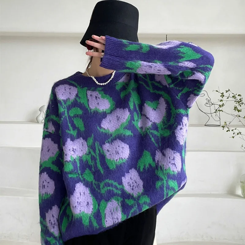 

Women Retro Korean Style Loose Print Flower Pullover Mohair Sweater Female Design Autumn And Winter Long Sleeves Casual