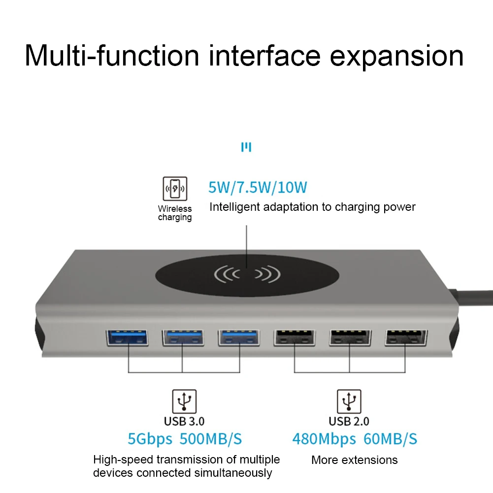 USB Type C к HDMI VGA 1080P USB3.0 * 4 RJ45 PD Audio3.5 SD 10 Вт Беспроводное зарядное устройство