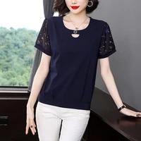 fashion chiffon hollow out women t shirt summer middle aged moms loose o neck short sleeve gauze ladies tops plus size 2021 new