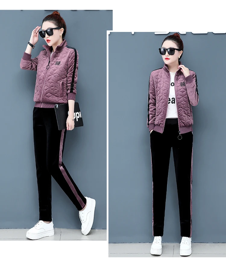 Бархатный спортивный костюм для женщин зимний женский модный большой размер куртки+ брюки костюмы женские плюс размер бархатные комплекты из двух предметов