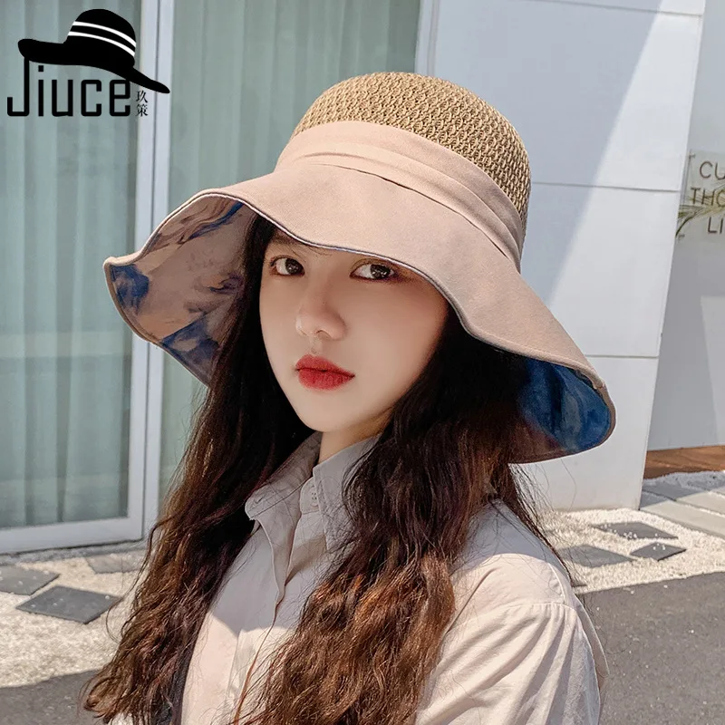 Летняя Новинка 2020 вязаная Солнцезащитная шляпа с бантиком и чернильным принтом в