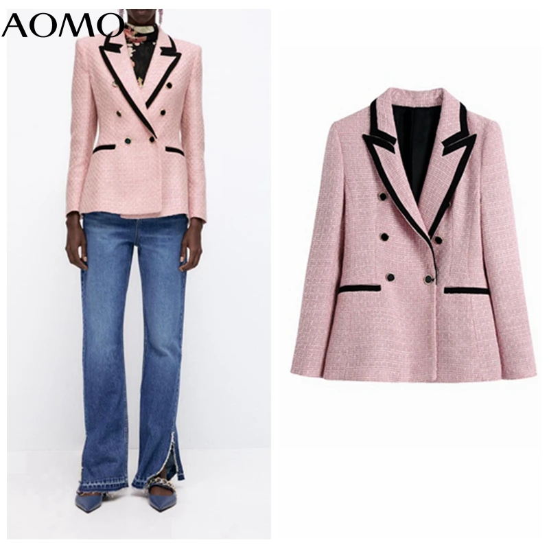 

AOMO Women 2021 Fashion Thick Pink Blazer Coat Vintage Double Breasted Long Sleeve Female Outerwear BE115A
