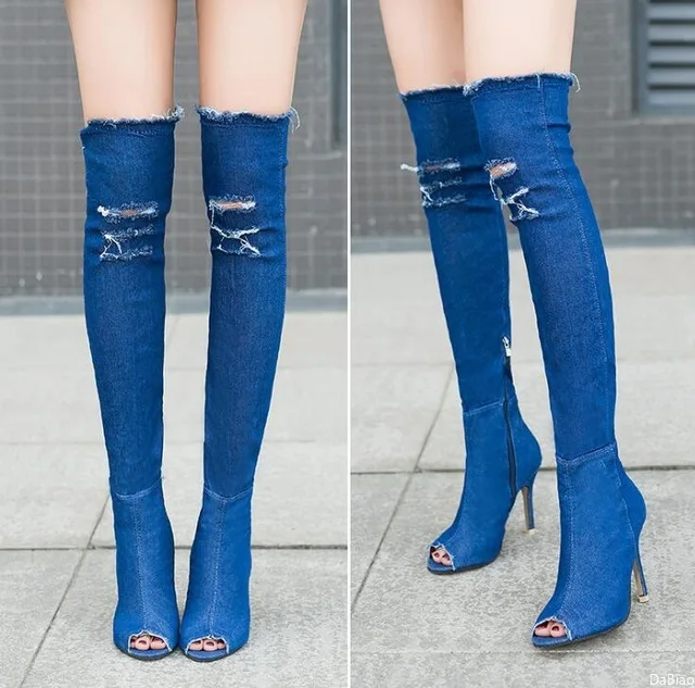 

New 2021 Woman Zapatos Mujer Women Pumps Cowboy Over The Knee Boots Chaussure Femme Peep Toe High Heels Sapato Feminino