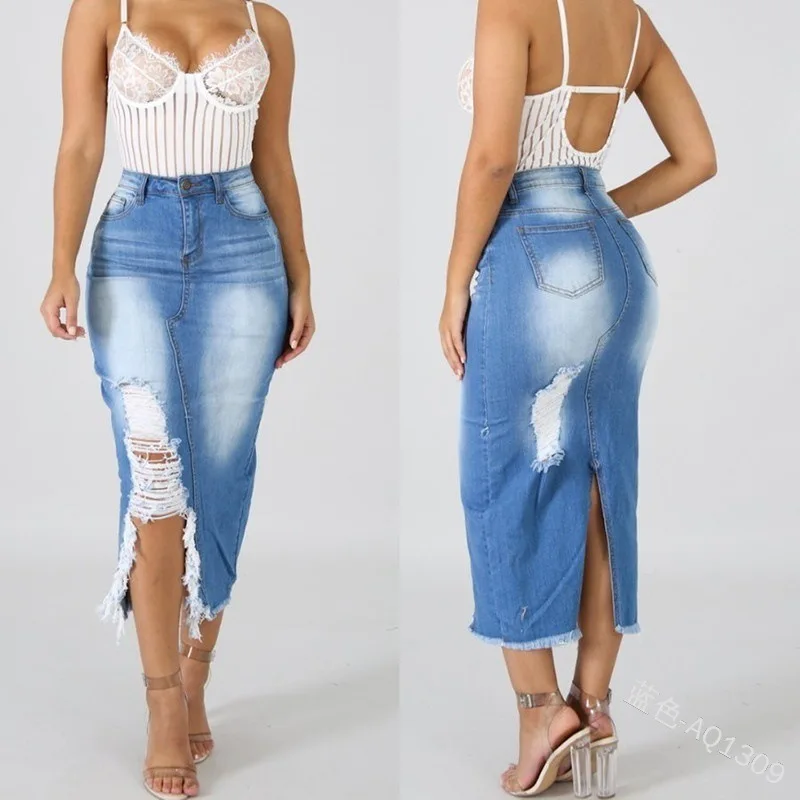 

Mandylandy Spring Autumn High Waist Fashion Solid Color Denim Pencil Skirt Women's Casual Stitching Ripped Denim Irregular Skirt