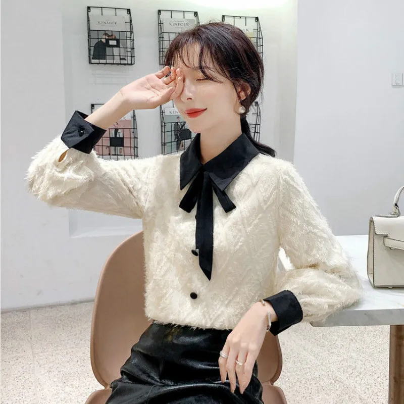 

2021 Autumn Winter New Korean Thicker Warm Soft Lace Button Shirts Lapel Neck Long Sleeved Bottoming Lace Blouses Shirt Y64