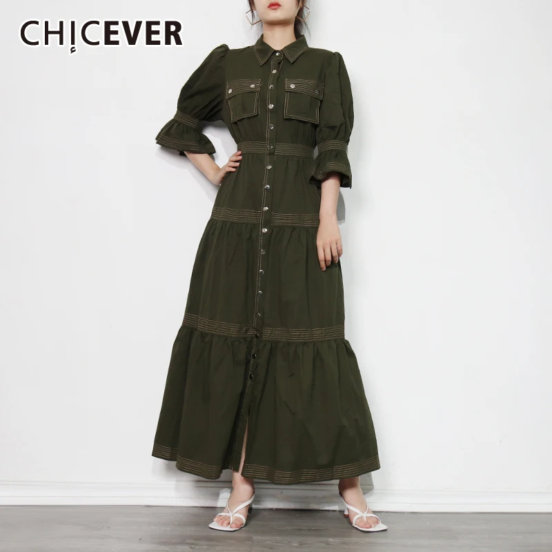 

Женское Повседневное платье с двойным карманом CHICEVER, Элегантное Длинное Платье с отложным воротником и рукавами-колокольчиками, с высокой ...