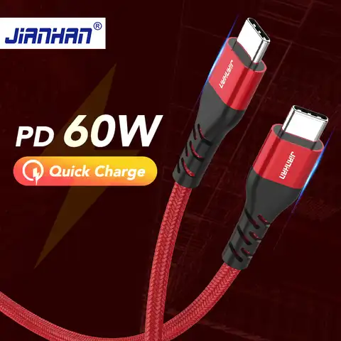 Кабель JianHan USB C-USB C 60 Вт QC 2,0/3,0 Type-C PD для быстрой зарядки и передачи данных для Samsung Google Pixel, шнур для быстрой зарядки