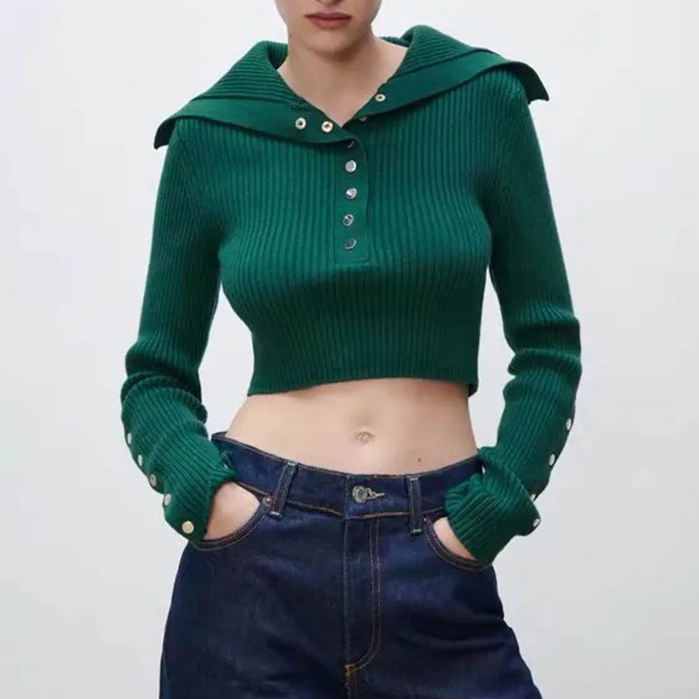 

Женская рубашка-поло в рубчик Za, короткий вязаный Топ, модный однотонный Повседневный женский свитер в стиле ретро с длинным рукавом, Новинк...